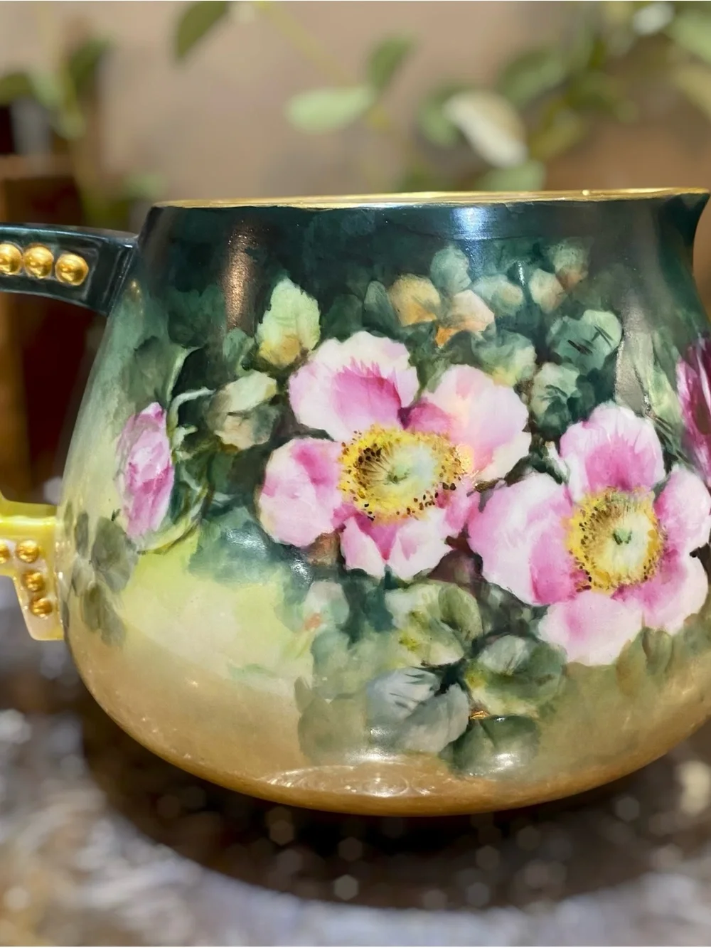 Antique Belleek CAC c1889-1906 Cider Pitcher Artist Signed Purple Mark #1 Roses